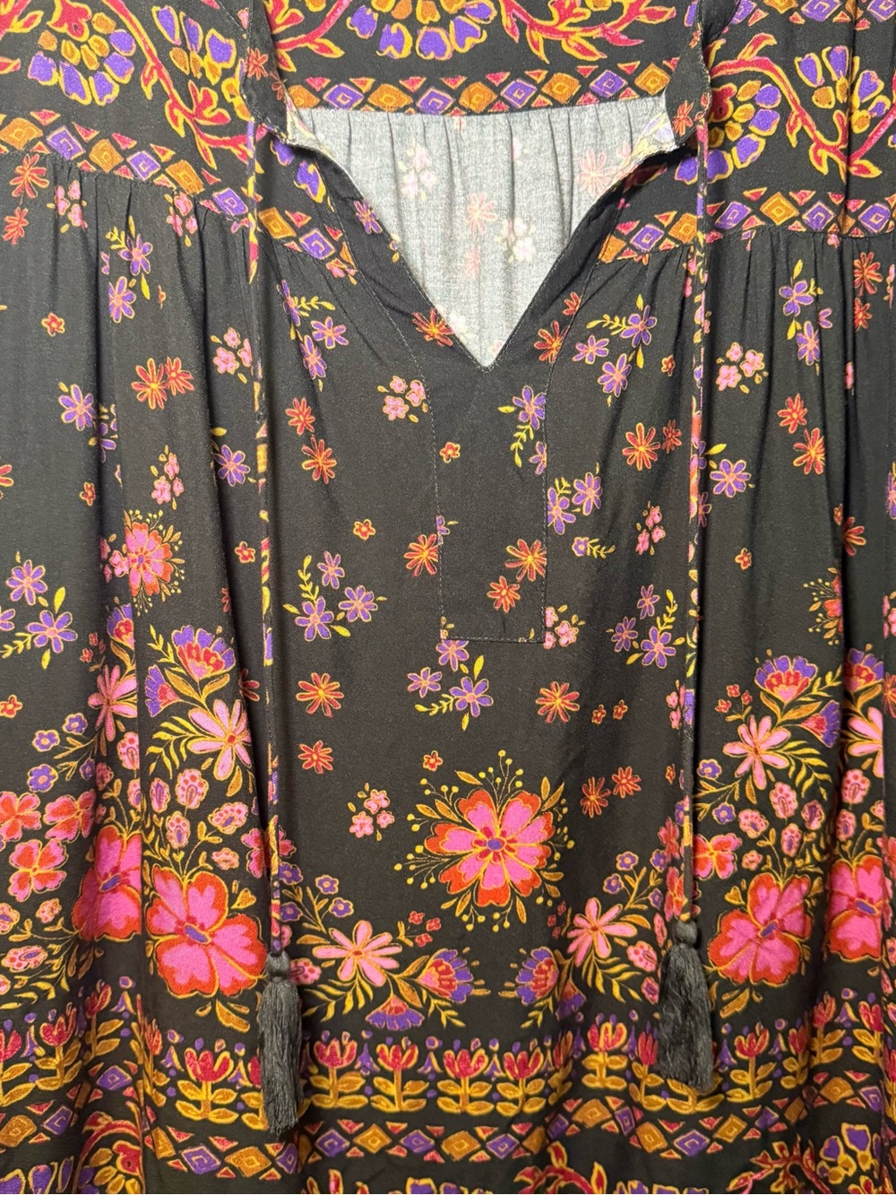 Natural Life XXL Maribel Boho Peasant Top Black Floral Mushroom Tassel Blouse - Picture 5 of 11